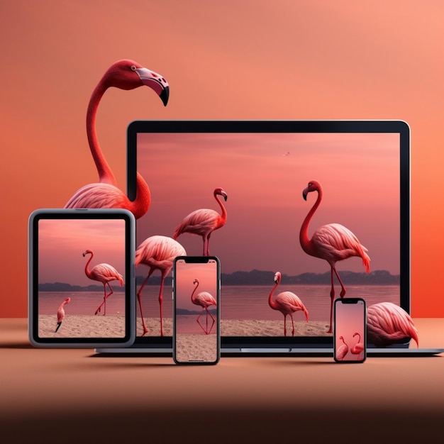 MacBook デバイスを持つフラミンゴの鳥 ビーチの壁紙 AI 生成されたアートのフラミンゴの鳥
