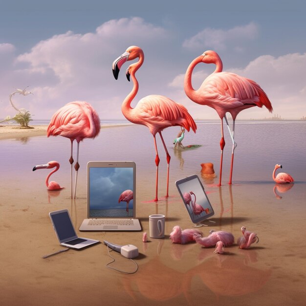 Flamingo bird with macbook device flamingo bird on beach wallpaper AI Generated art