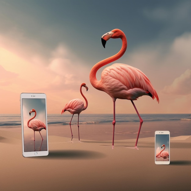 Flamingo bird with macbook device flamingo bird on beach wallpaper AI Generated art