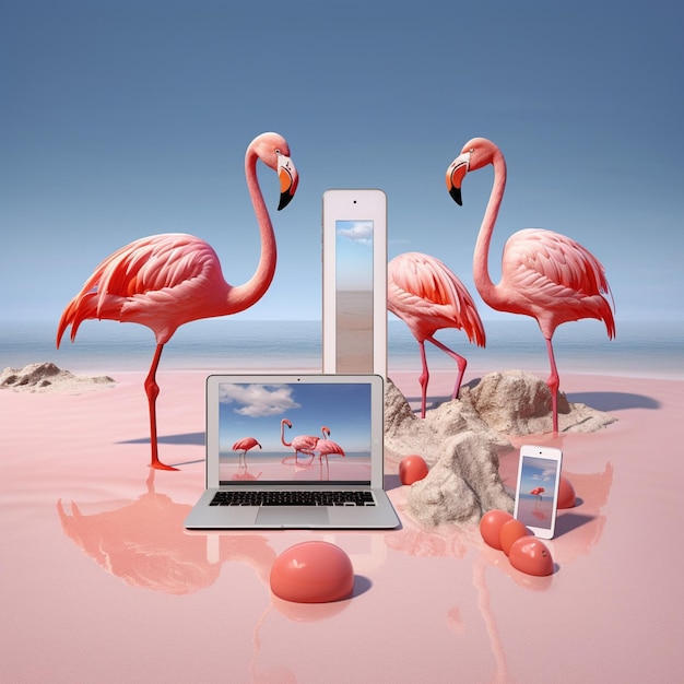 Flamingo bird with macbook device flamingo bird on beach wallpaper AI Generated art