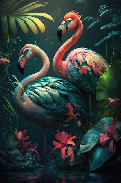 Flamingo birds. A painting of a pink flamingo with a fish on the bottom. phoenicopterus