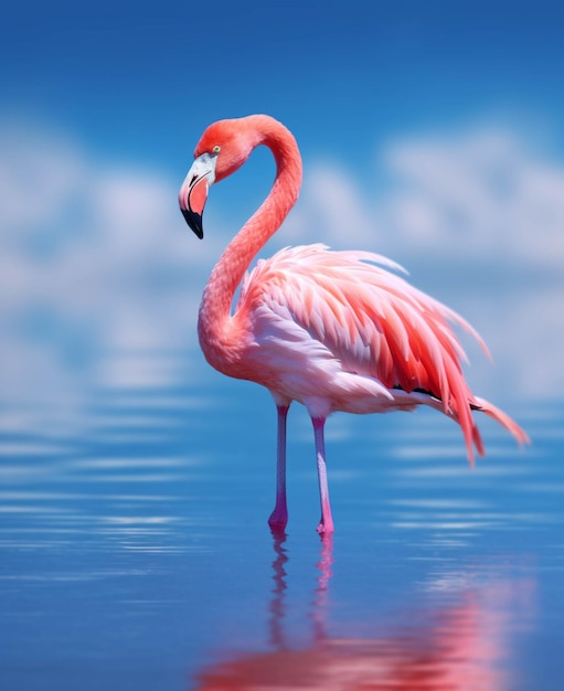 Flamingo die in het water staat met zijn hoofd naar de juiste generatieve ai gedraaid
