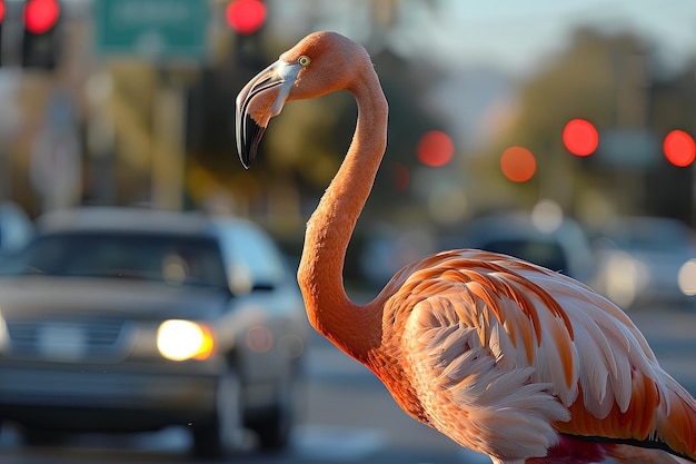 A flamingo directing traffic at a busy intersection with its long neck and beak