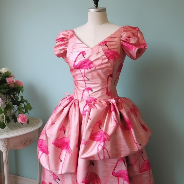 Платье фламинго на манекене в комнате с цветами