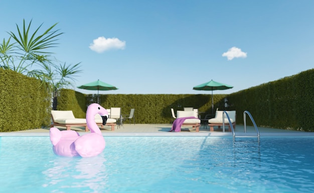 Flamingo drijven op een terras met zwembad