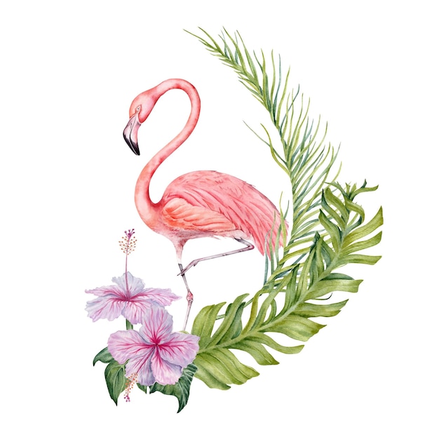 Flamingo and exotic tropical green leaves composition Watercolor isolated on white background