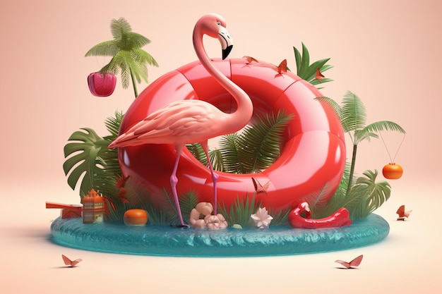 Flamingo float on the tropical island 3d illustration