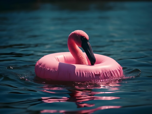 A flamingo is floating in a body of water and is in the water.