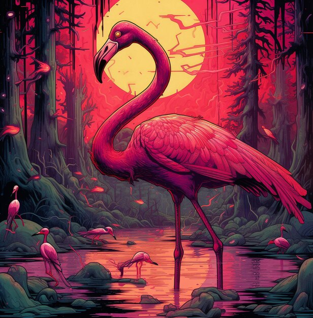 a flamingo is in the middle of a forest with a red background.