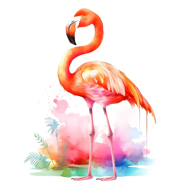 A flamingo is standing on a colorful background with palm leaves.
