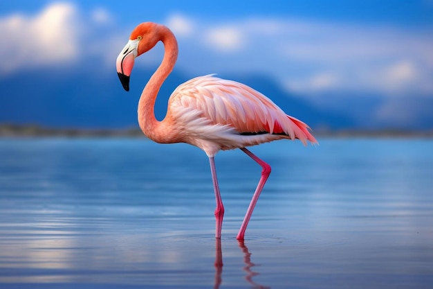 a flamingo is standing in the water with its beak open.