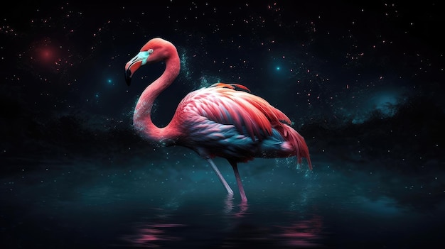 A flamingo is standing in the water with the sky in the background.