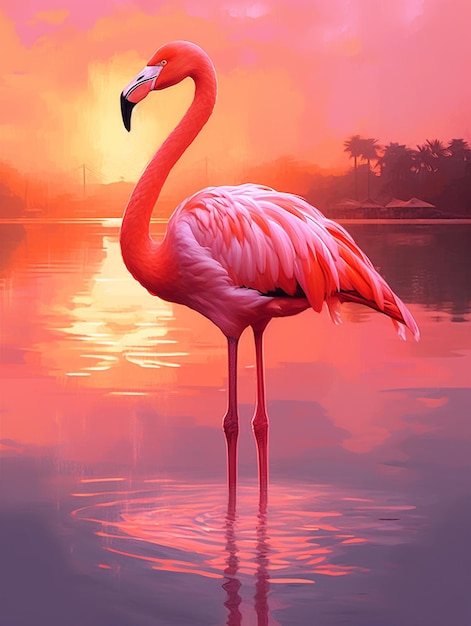 A flamingo is standing in the water with the sun shining on it