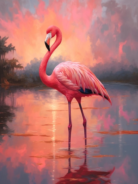 A flamingo is standing in the water with the sun shining on it.