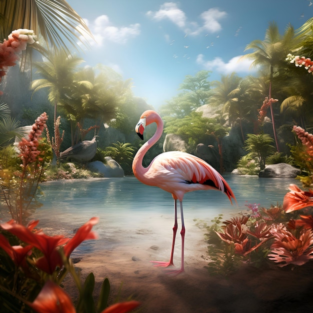 Flamingo in the jungle 3D render Tropical background