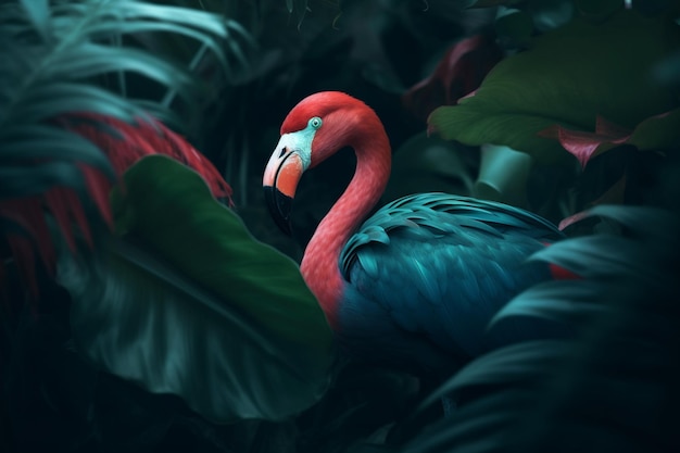 A flamingo in the jungle with a green leaf background