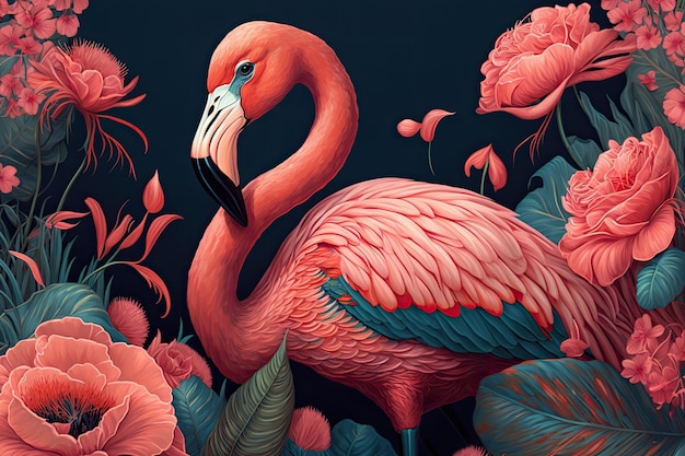 Flamingo met roze bloemen in de zomer