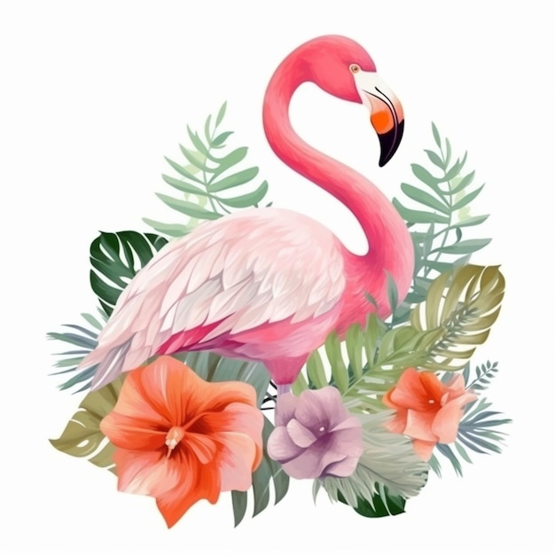 Foto flamingo met tropische bloemen en bladeren generatieve ai