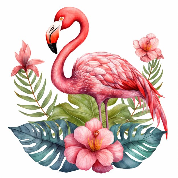 flamingo met tropische bloemen en bladeren op een witte generatieve ai als achtergrond