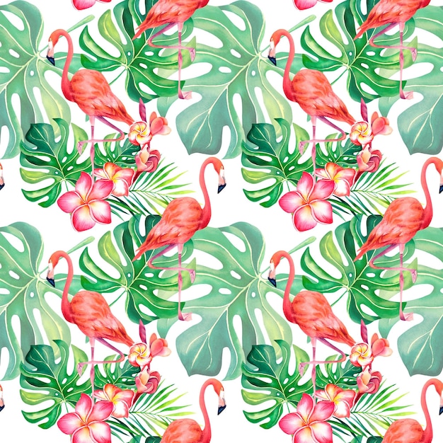 Flamingo and monstera pattern Mosaic Collage Watercolor illustration Tropical birds Exotic birds