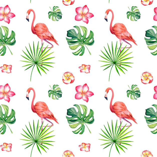 Flamingo and monstera pattern Mosaic Collage Watercolor illustration Tropical birds Exotic birds