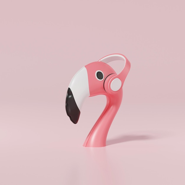 Flamingo opblaasbare hoofd en hoofdtelefoon Zomer minimaal concept 3D-rendering