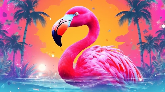 Flamingo and palms surreal abstract collage with a vintage style 60s retro style generative ai