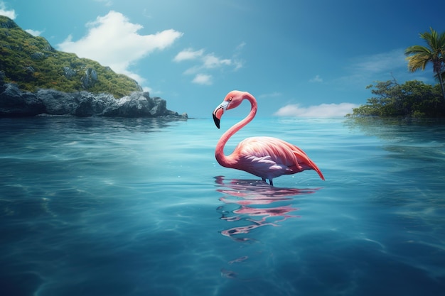 a flamingo in pink that is standing in a body of water