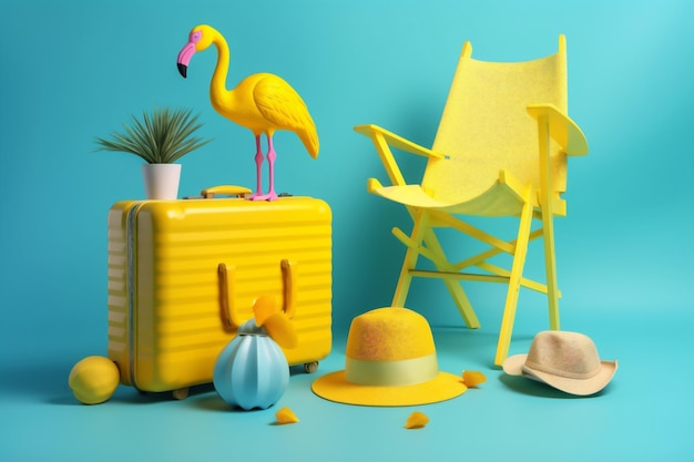 Flamingo reizen zomer concept koffer vakantie zonnebril gele schattige blauwe achtergrond generatieve AI