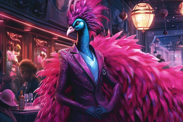 Flamingo roze gangster in neon bar illustratie generatieve ai