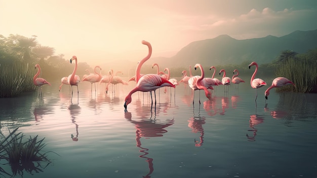 Flamingo's drinken in een meer met bergen op de achtergrond