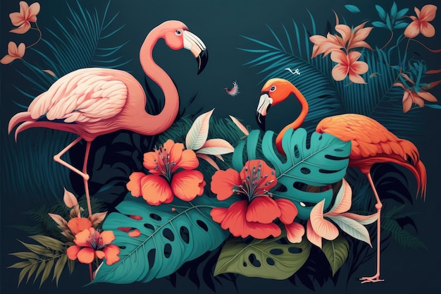 Flamingo's en andere tropische bloemen op een blauwe achtergrond