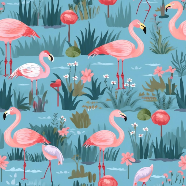 Flamingo's en waterlelies in een vijver met planten en bloemen generatieve ai