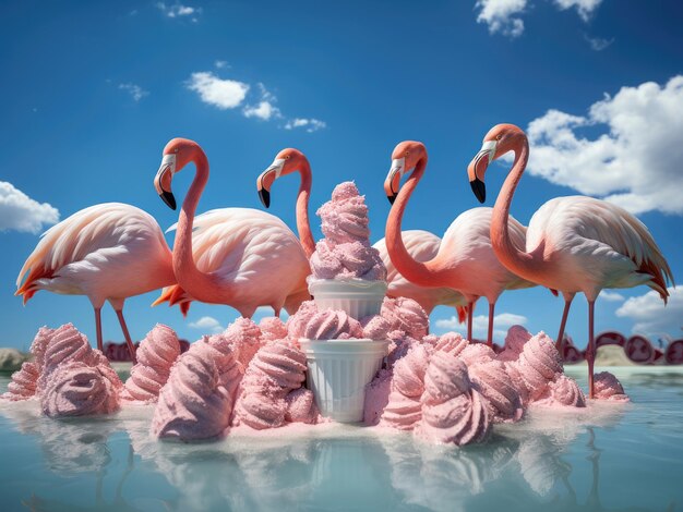Flamingo's eten ijs in het zwembad.