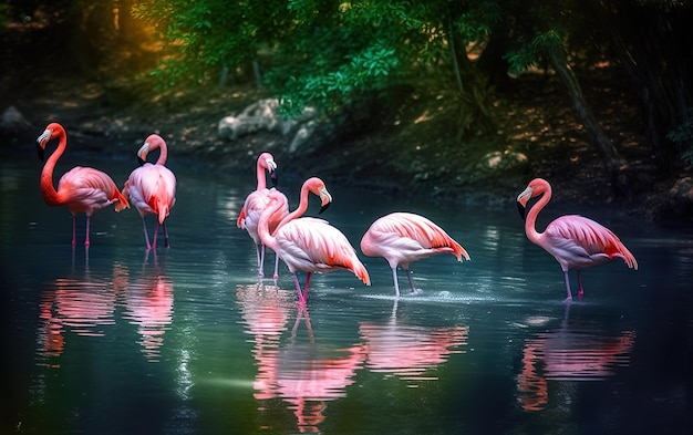 Flamingo's in een meer met een kleurrijke achtergrond