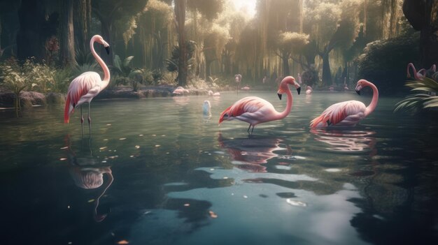 Flamingo's in een vijver met een fles water op de achtergrond