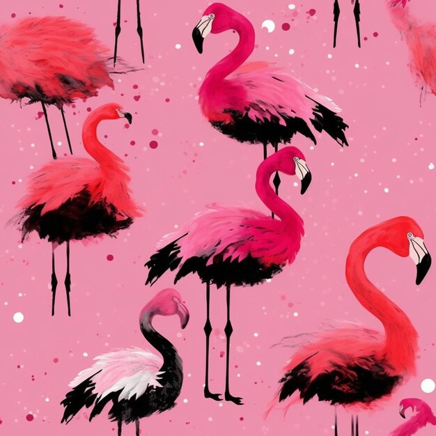 Foto flamingo's staan in een rij op een roze achtergrond.