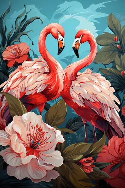 flamingo's staan in een veld met bloemen met een blauwe lucht op de achtergrond generatieve ai