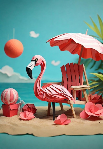 Foto flamingo sulla sabbia con ombrello e sedia concetto estivo