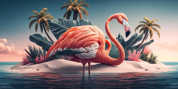 flamingo staat in het water met palmbomen op de achtergrond