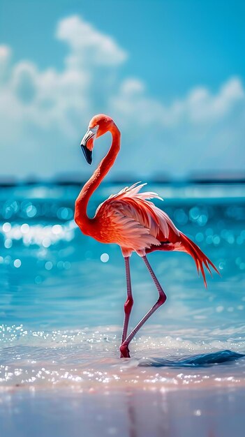 Flamingo staat op een strand Wildlife en tropische vakantie concept geschikt voor reizen