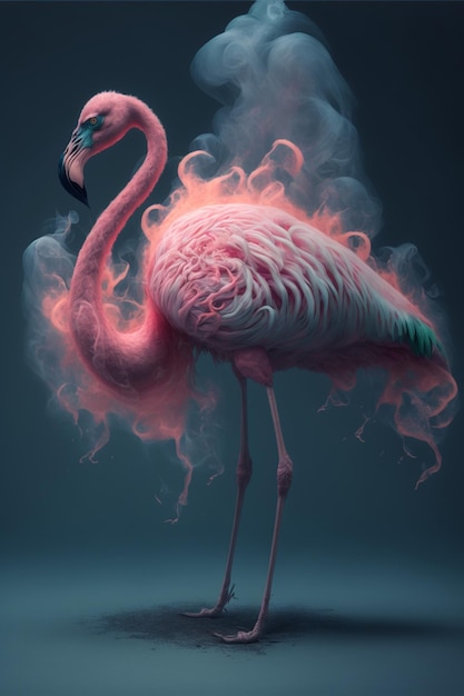 Фламинго стоит в облаке дыма, генерирующего искусственный интеллект
