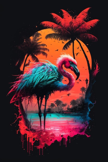 Flamingo standing in front of sunset with palm trees Generative AI