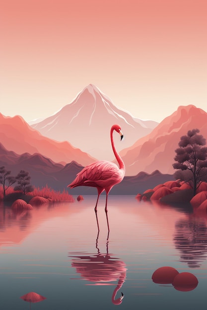 flamingo standing on pink mountains in the background