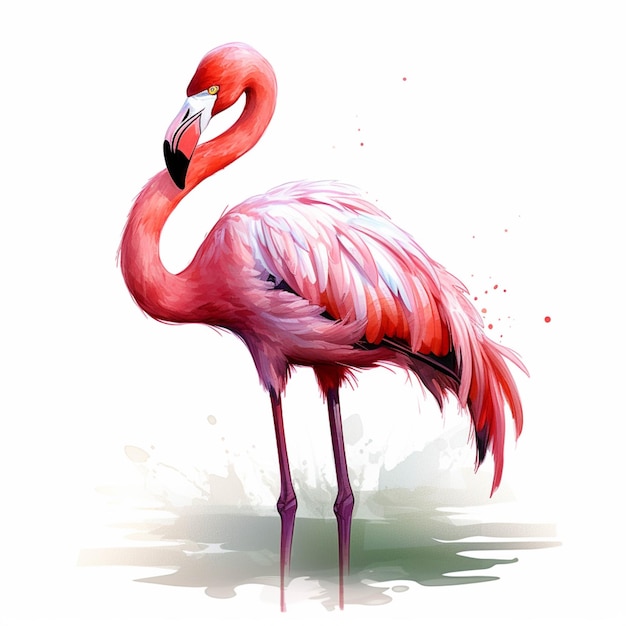 Flamingo standing in water with its head down and its beak open generative ai