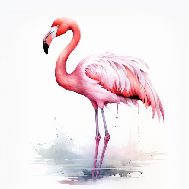 flamingo standing in water with its head down and its wings spread generative ai