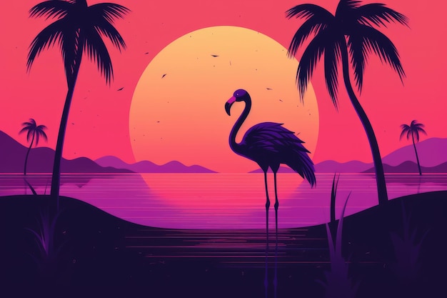 A flamingo stands in front of a sunset with palm trees