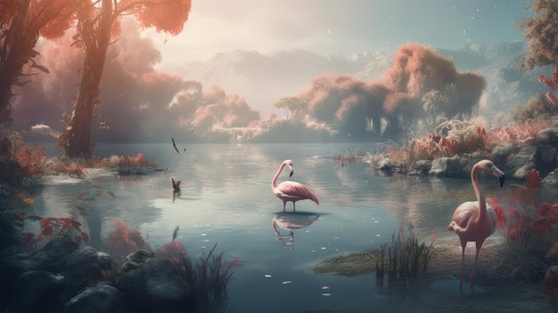Фламинго стоит на озере в облачном небе.