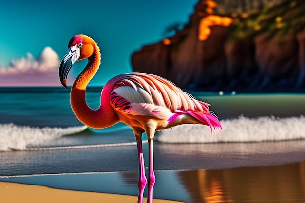 A flamingo stands in the water in front of a beach