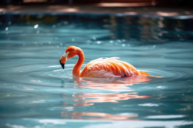 A flamingo swimming in a pool with the sun shining on it Generative AI